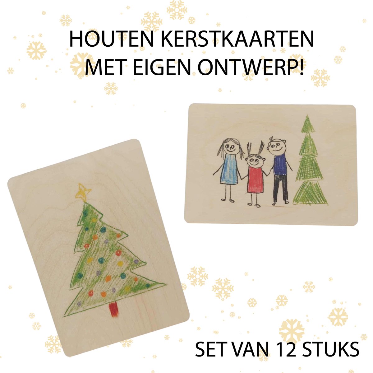Originele Houten Wenskaarten met eigen ontwerp - 12 Stuks - Kerstkaart - Fotokaart - Bedrukt in kleur - Kindertekening - Beukenhouten wenskaart - Kerst - Eindejaar - Kaart - Decoratie - Wensen - Houten Kaartjes