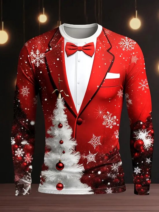 Chemise de Noël Hommes – Manches Longues T-shirt Fun avec Flocons de Neige & Motif Sapin – Polyester Pull de Noël Style avec Design Smoking pour Fête & Party - S