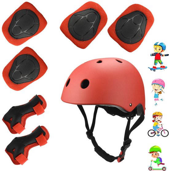 7-Delige Fietshelm Combi met Bescherming - Kniebeschermers - Elleboogbeschermers - Polsbanden - Verstelbare helm - Beschermende kleding voor skateboards - Sportbescherming - Geschikt voor rolschaatsen, skiën en fietsen - rood