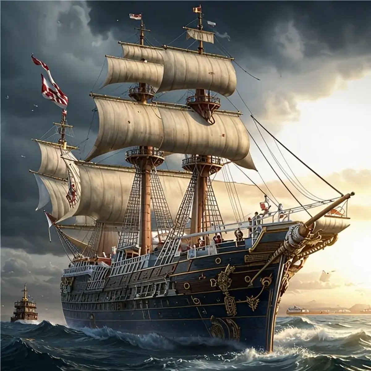 Diamond painting set Schip met rood en wit Vlag 30x30cm