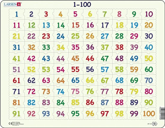 Larsen Getallen 1–100 – Puzzel – Leren rekenen – Getallen – Educatieve legpuzzel voor kinderen – 100 stukjes – Gemaakt in Noorwegen – Extra dikke 2,5 mm stukjes – Tray met vaste rand