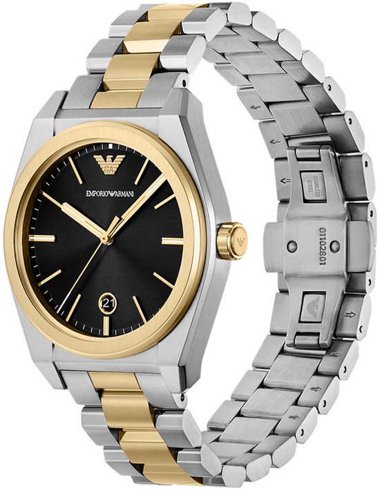 Emporio Armani horloge met goudkleurige lunette, zwart wijzerplaat, datumvenster en bicolor armband.