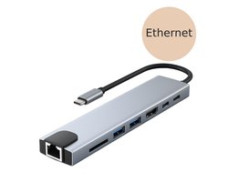 USB C Hub 3.0 – 8 in 1 Hub – 1x Ethernet – 1x HDMI 4K – 2x USB-A – 2x USB-C – 2x kaartlezer – Ethernet Adapter USB-C kabel – Internet Adapter – Netwerk adapter – Docking Station – Micro SD Card Reader – SD Kaart Lezer – Usb Splitter – universeel