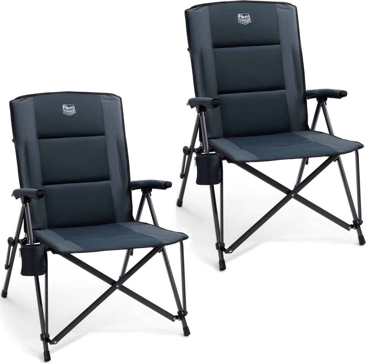 TIMBER RIDGE 2 Stuks Campingstoelen - Opvouwbaar & Stevig - 150KG draagvermogen - 55 cm zitbreedte - Hoge rugleuning - Met bekerhouder - Zwart