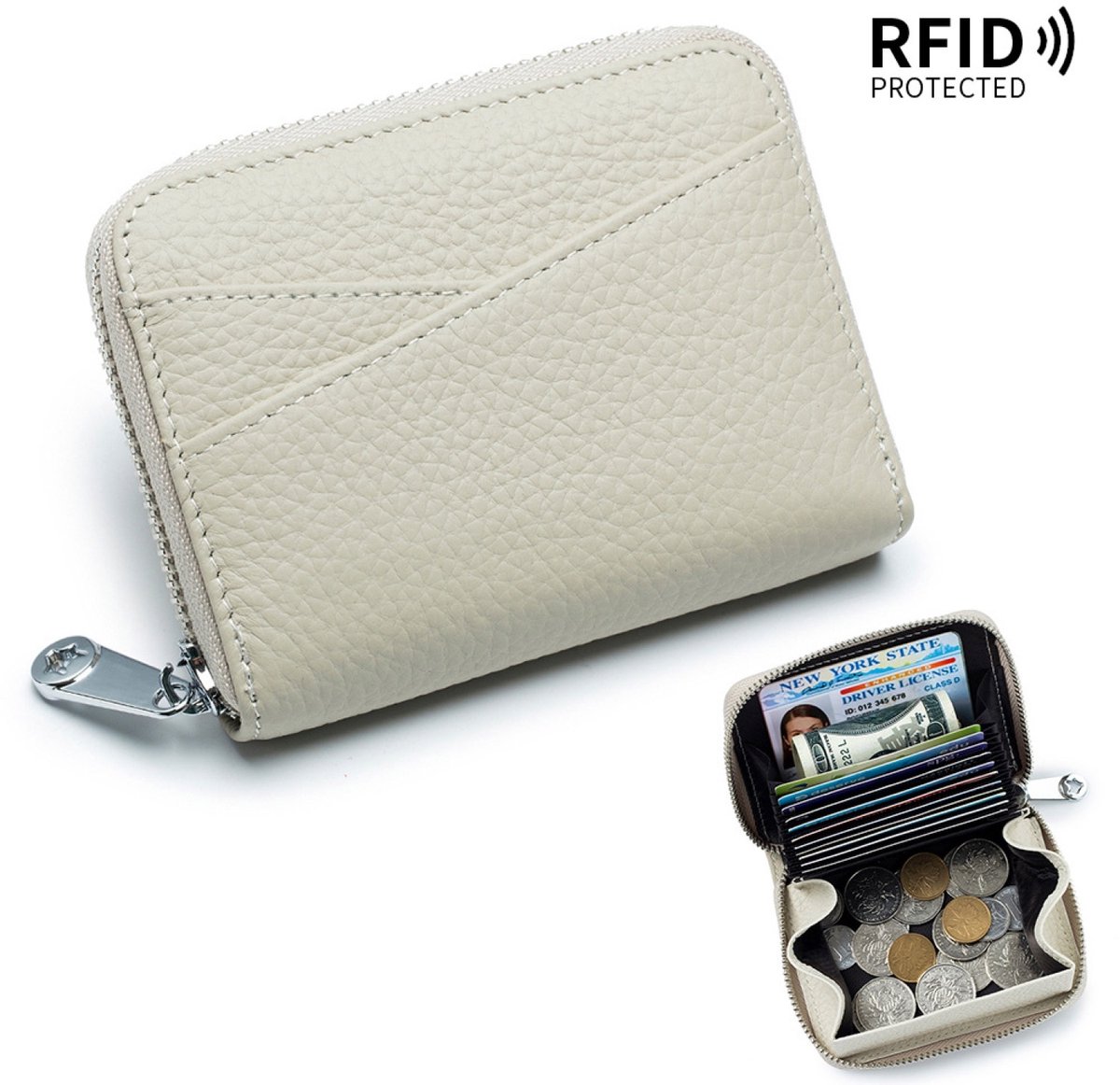 Pasjeshouder Mannen, Leer, Portemonnee Dames, RFID, Munthouder - Beige