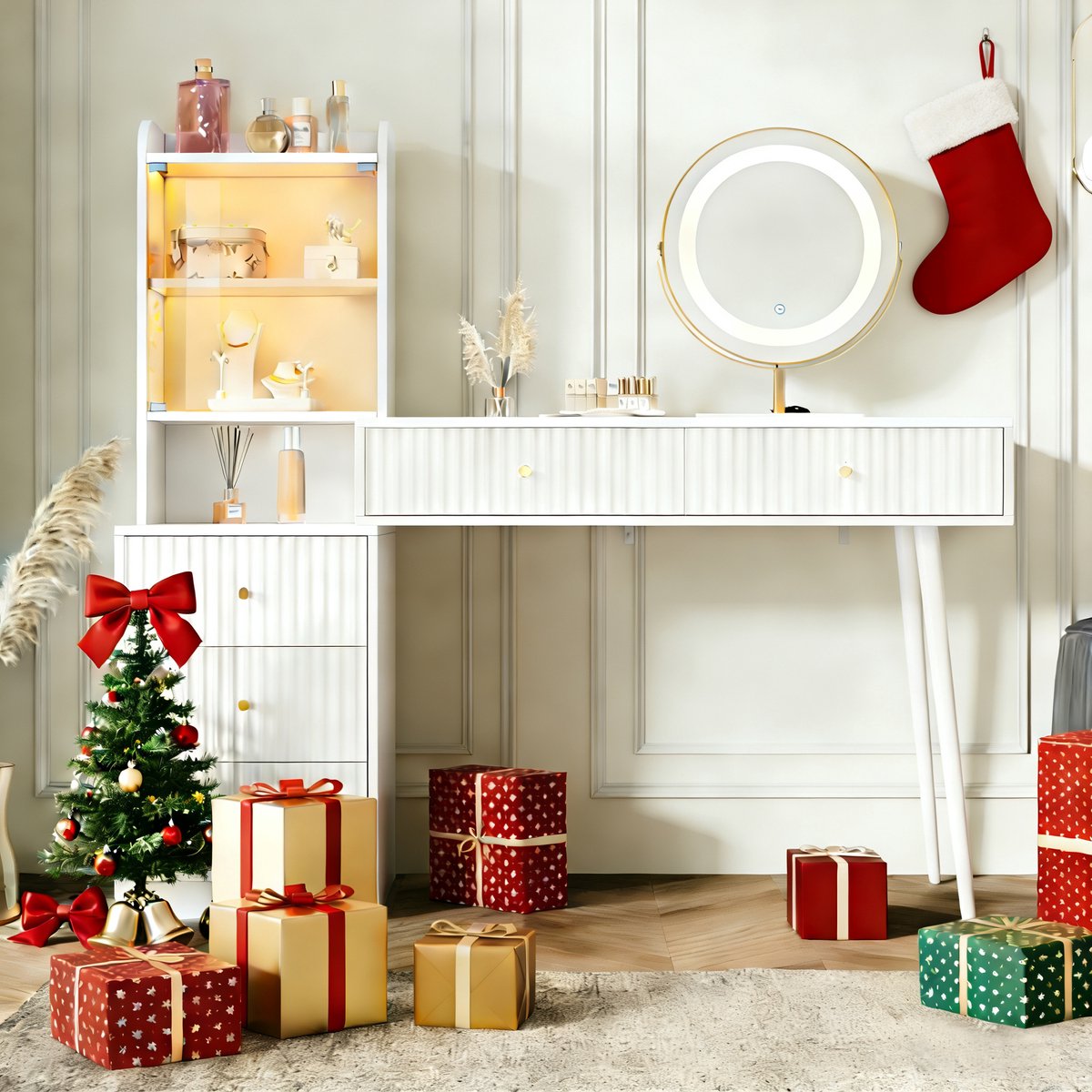 Make-up tafel - met driekleurige LED-spiegel - lade - verlicht kastje met glazen deur - open opbergvak - wit - 100 x 40 x 125 cm - zonder kruk