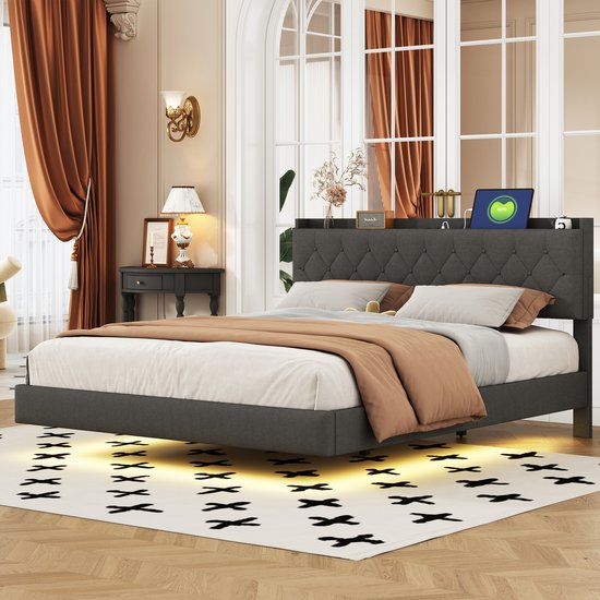 Wishdor – Gestoffeerd Bedframe 160x200 cm – Met LED, USB & Opklapbare Opbergruimte – Stijlvol & Slim – Linnen – Grijs