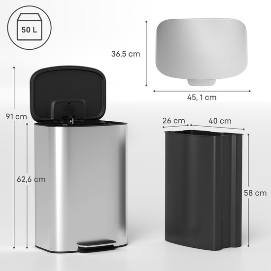 Afmetingen van de 50 liter grijze vuilnisbak: hoogte 62,6 cm, breedte 45,1 cm en diepte 36,5 cm. Inclusief binnenemmer.