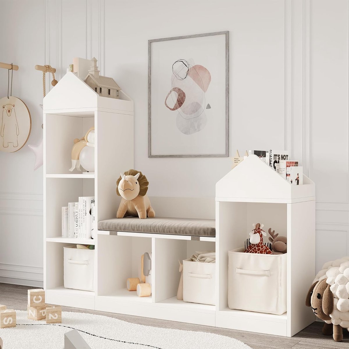 2-in-1 kinderboekenkast en speelgoedopberger - Speelgoedkast met 8 vakken en zitkussen - Voor kinderkamer / slaapkamer - Wit - 121 x 30 x 108 cm
