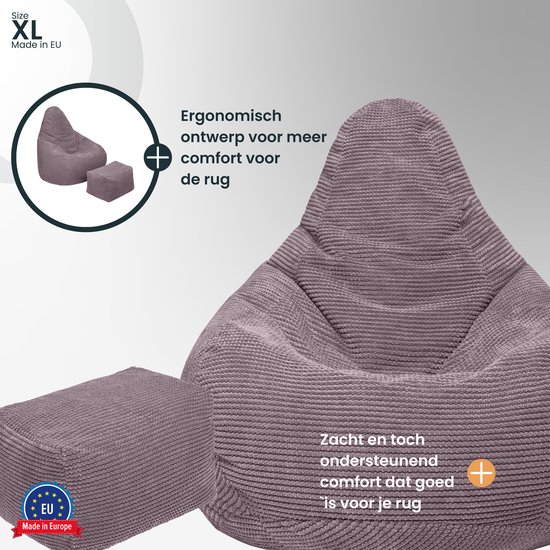 XL zitzak van mauve corduroy stof met voetenbankje, ergonomisch ontwerp voor rugcomfort.