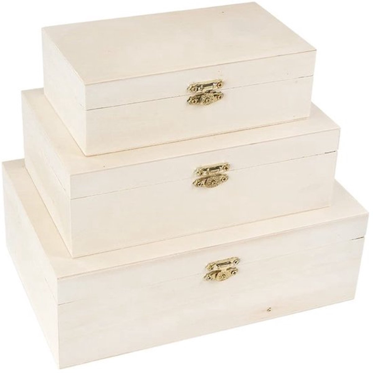 Stunq® Set van Drie Decoratieve Houten Opslagkisten met Metalen Sluiting en Deksel