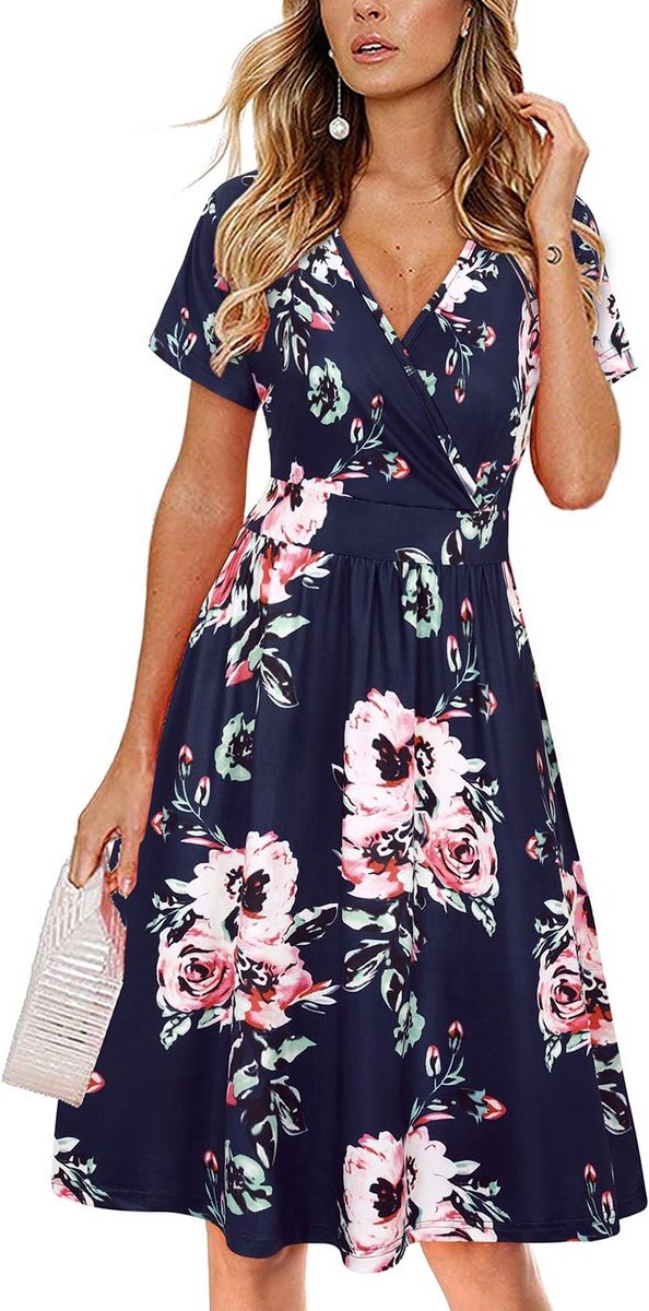 Dames Zomerjurk Korte Mouwen V-Hals Wikkel Look Midi Rok met Zakken