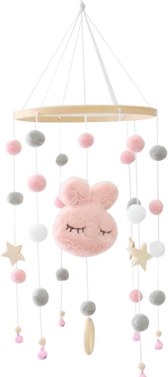 Baby Mobiel - Wiegdecoratie - Babyontwikkeling Stimuleren - Houten Speelgoed - 50 cm Lengte - Roze Wit