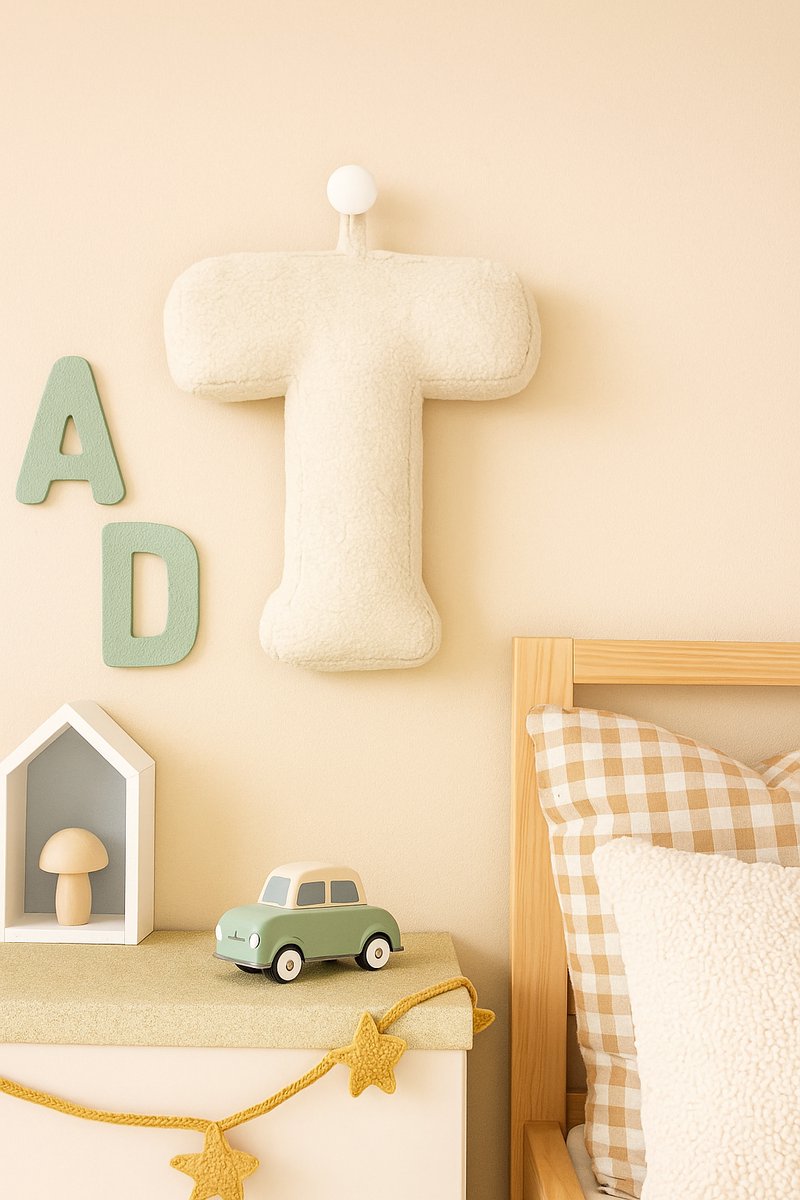 Kraamcadeau Teddy Letterkussen T - Zacht Letter Kussen voor de Babykamer - 40 x 35 cm - Gepersonaliseerd Babycadeau met Naam Letter - Decoratie Kinderkamer