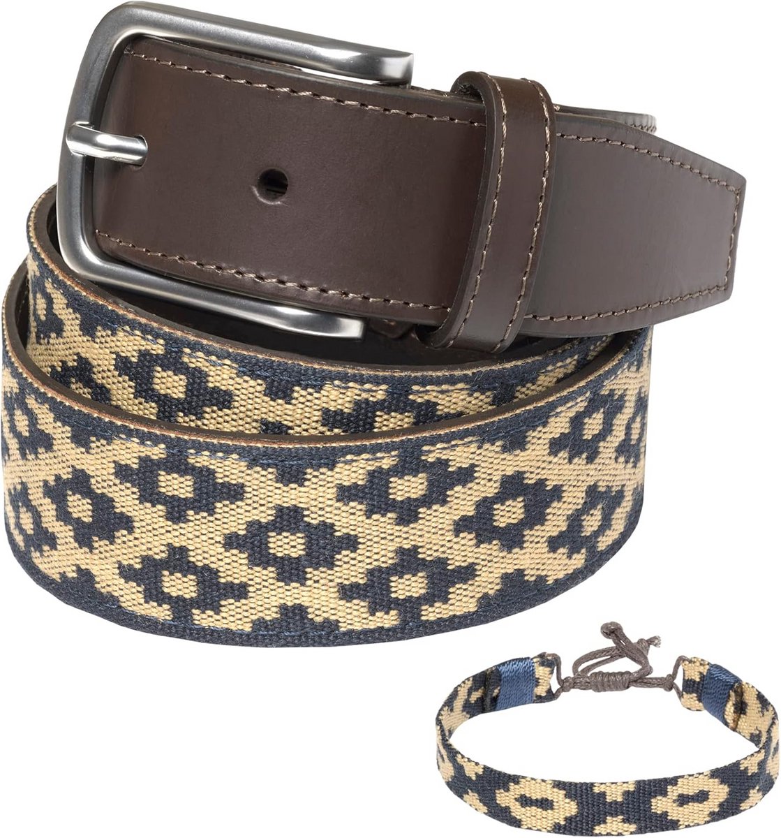 Handgemaakte Leren Riem en Armband Set met Braziliaanse Borduurwerk