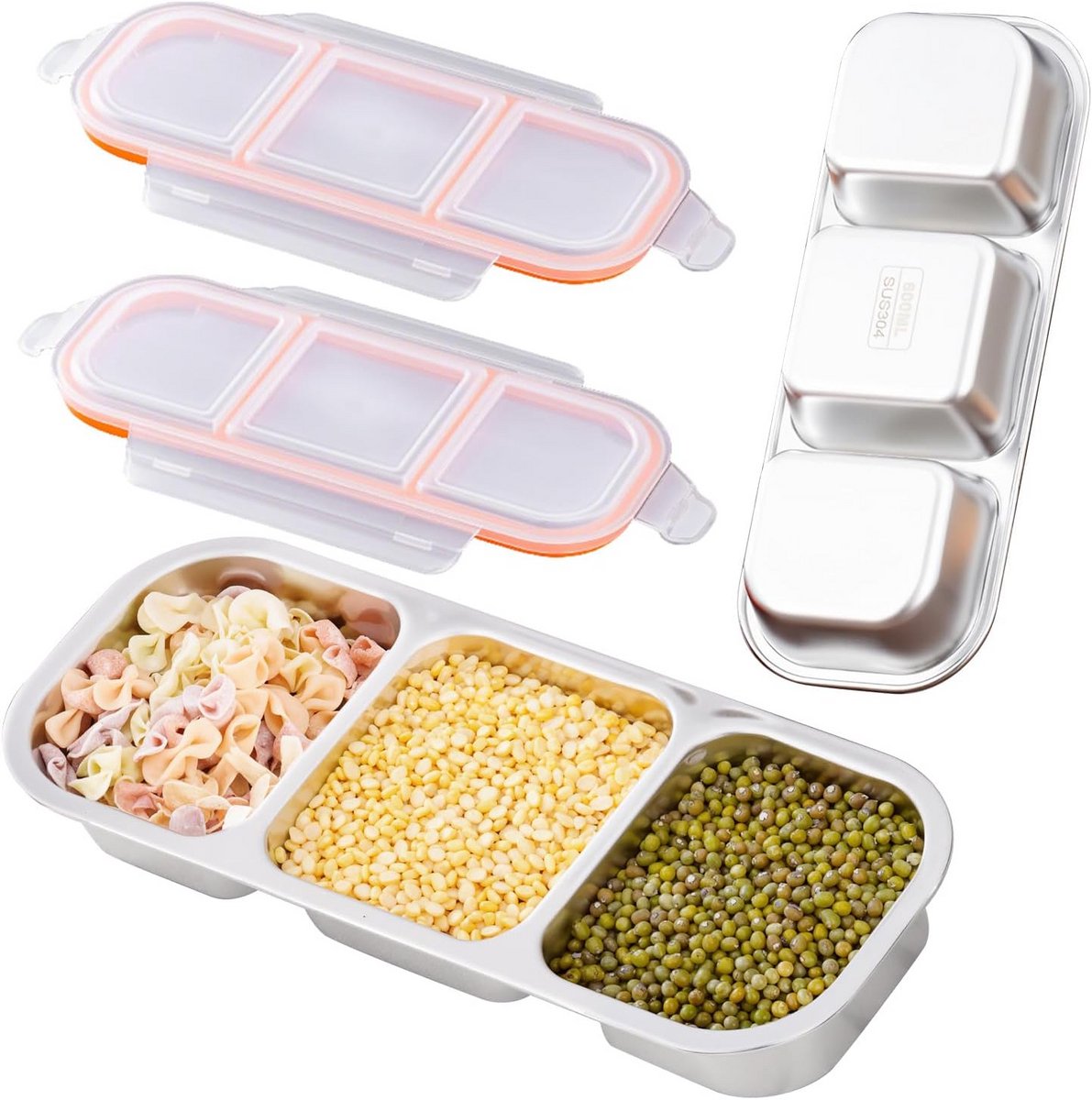 Set van 2 RVS Broodtrommels met 3 Vakken en Lekvrije Deksel - 600 ml