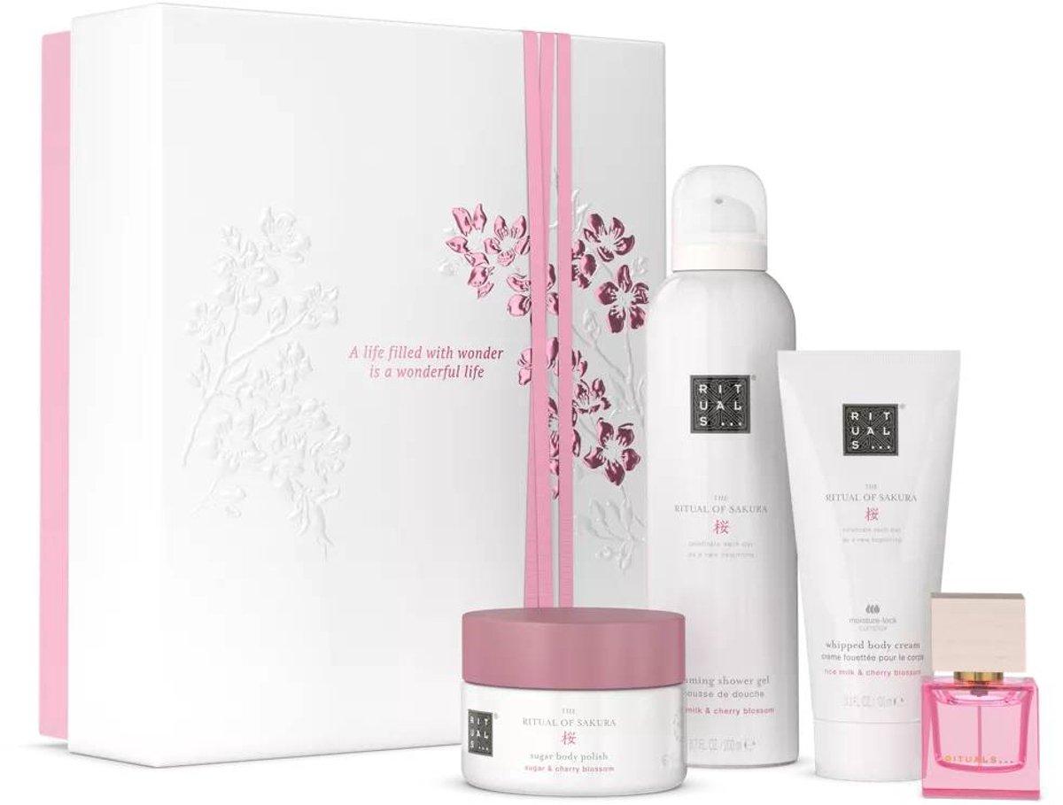 Rituals - Geschenkset voor Vrouwen - 4 Producten - Douchegel 200 ml - Body Scrub 125 gram - Bodycrème 100 ml - Eau de Parfum 15 ml - Giftset Vrouw - Cadeaudoos - Geschenkdoos - Doucheschuim - Douche - Badschuim - Douchefoam - Sakura - Kerstpakket