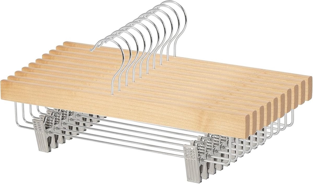 Famanu - Set van 10 houten kleerhangers met clips 35,9 × 16 cm – Natuur