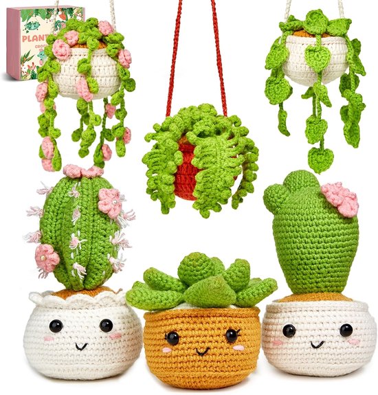 BOTC Haakpakket voor beginners -Beginners haakset - Amigurumi haakpakketten - 6 stuks hangende Planten in pot (40% extra garen)