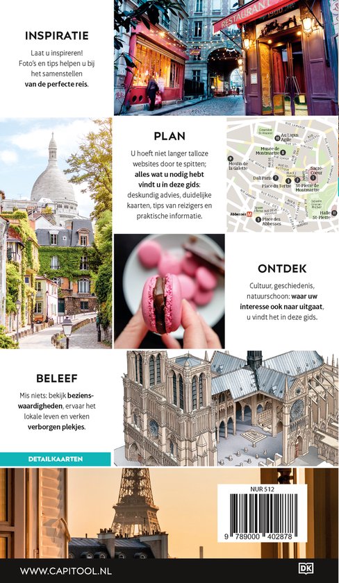 Collage met Parijse bezienswaardigheden: een straatbeeld, een kaart, macarons en de Notre Dame.