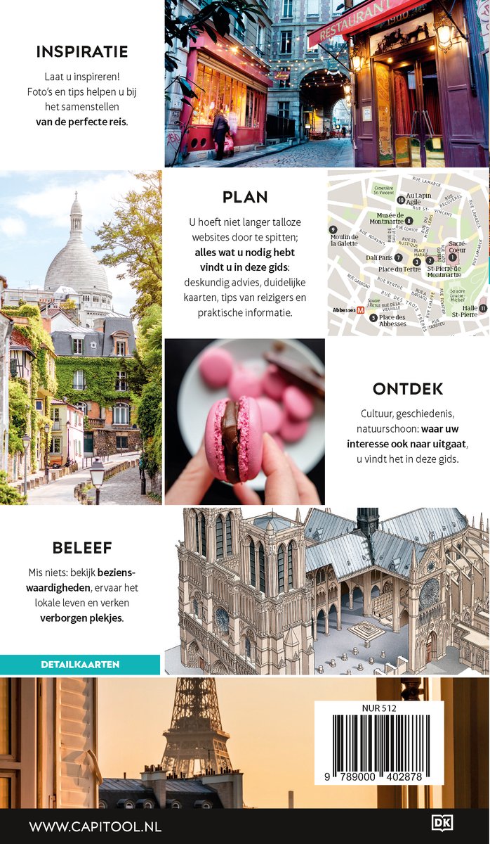Collage met Parijse bezienswaardigheden: een straatbeeld, een kaart, macarons en de Notre Dame.