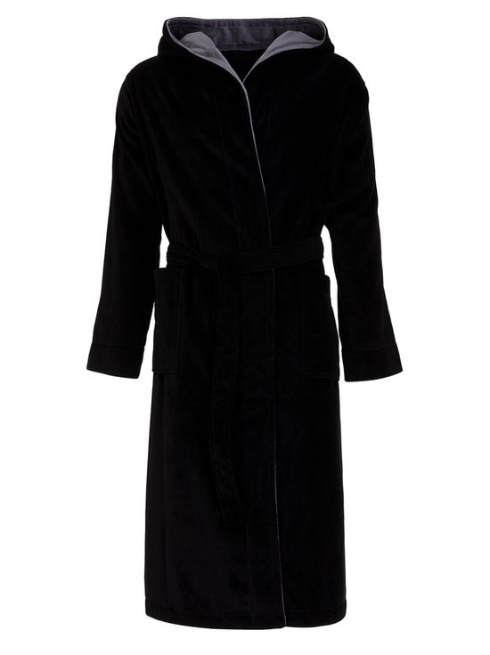 Zwarte badjas capuchon - Luxe badjas heren - duurzaam katoen - grijze details - sauna badjas heren - XL/XXL