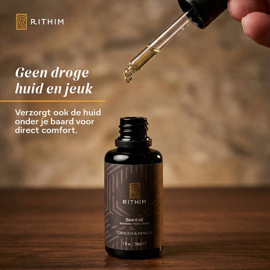 Druppelaar baardolie boven fles; tekst: "Geen droge huid en jeuk".