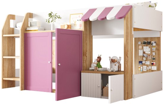 Lit enfant lit maison 90x200, avec espace de rangement ouvert, avec échelle d'escalade, lit mezzanine enfant mi-hauteur, lit superposé enfant en bois massif sans matelas, couleur bois + rose