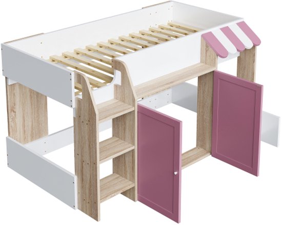 Lit enfant lit maison 90x200, avec espace de rangement ouvert, avec échelle d'escalade, lit mezzanine enfant mi-hauteur, lit superposé enfant en bois massif sans matelas, couleur bois + rose