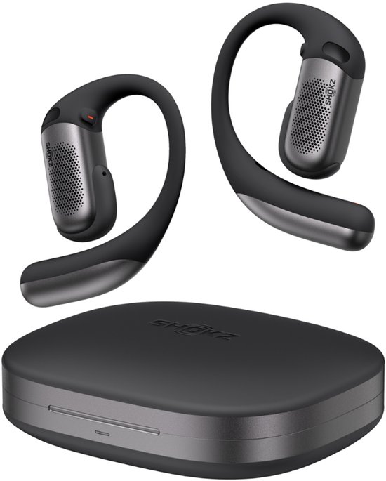 Zwarte Shokz OpenFit Pro oordopjes en oplaadstation, zwevend.