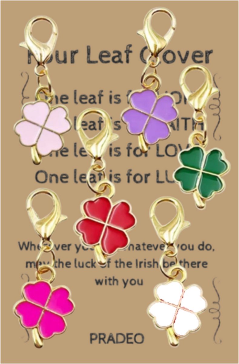 Pradeo - Klavertje Vier Sleutelhanger - Gelukshanger - Hangertje - Klavertje 4 - Four Leaf Clover - Key Chain - Pocket Hug - Klein Cadeau / Geschenk - Met Kaartje Met Tekst - 6 Kleuren