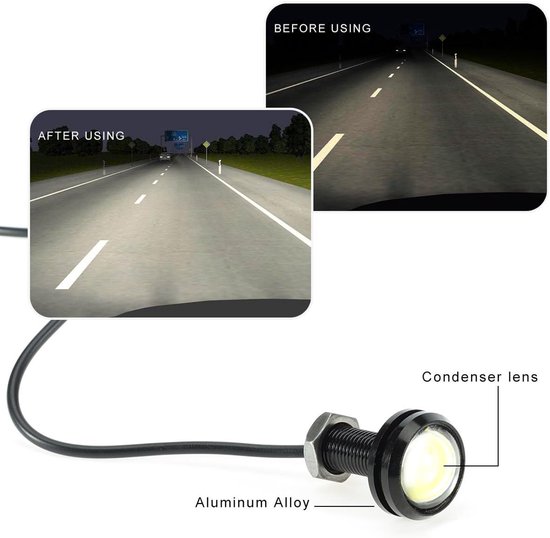 Vergelijking van het wegdek met een witte LED-lamp aan de rechterkant. De lamp is compact met een aluminium behuizing en condensatorlens.