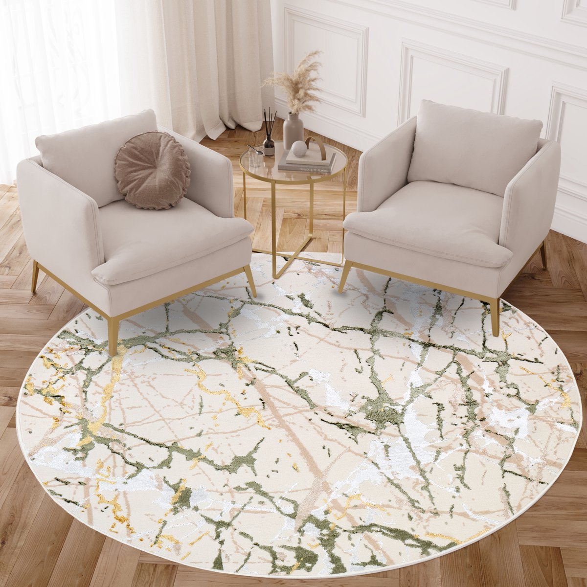 Tapiso Crystal Rond Vloerkleed Creme Laagpolig Woonkamer Modern Tapijt Maat- 200x200