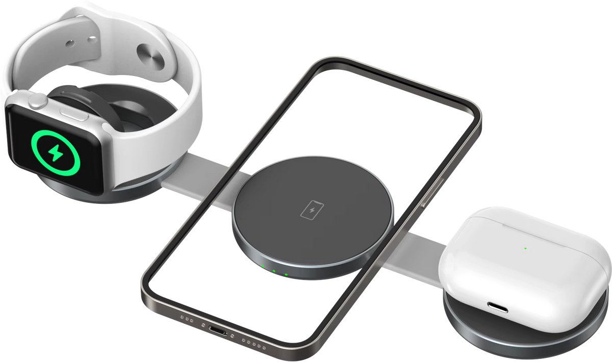 AIFANTY 3-in-1 Draadloze Oplader-Qi2.0 Magnetische– 15W Snelladen | Opvouwbare Reisoplader voor Smartphone, Apple Watch, AirPods -Zilver