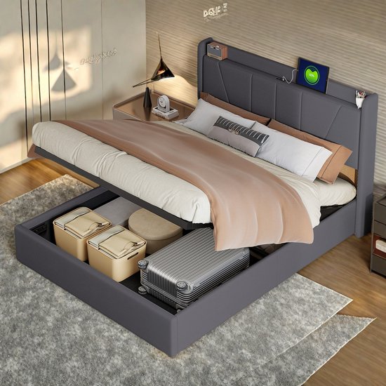 linnen gasveerbed 140×200 cm met USB- en Type-C-aansluiting en onderbed-opslag, praktisch en comfortabel ontwerp voor moderne slaapkamers, Grijs