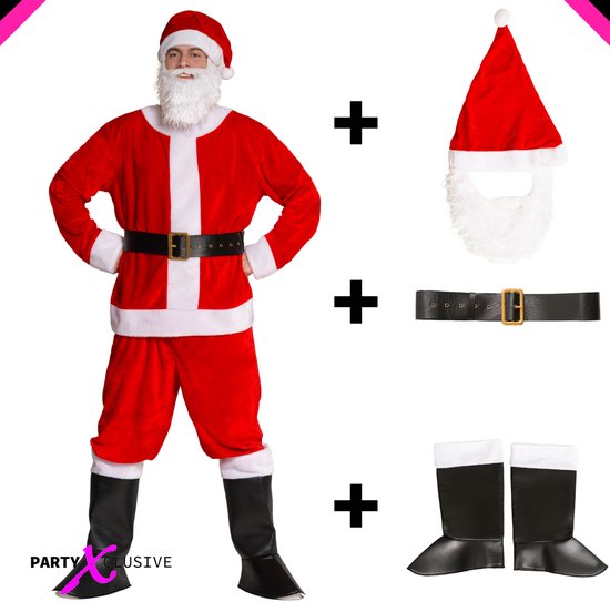 Kerstman kostuum met bijpassende accessoires: jas, broek, riem, hoed met baard en laarzen.