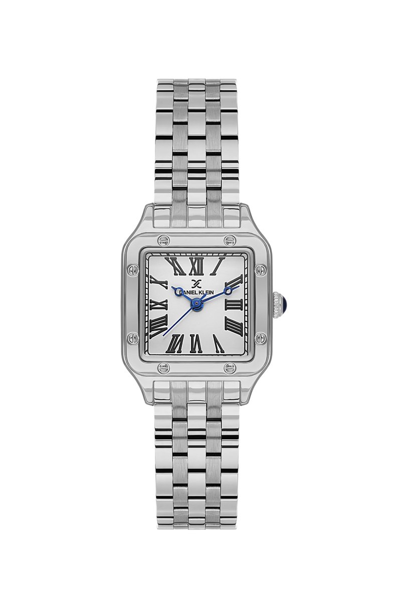 Daniel Klein DK.1.14104-1 - Horloge - Polshorloge - Analoog - Dames - Vrouwen - Vierkant - Stalen band - Metaal - Romeinse cijfers - Rechthoeken - Bolletjes - Zilverkleurig - Zwart - Wit - Donkerblauw