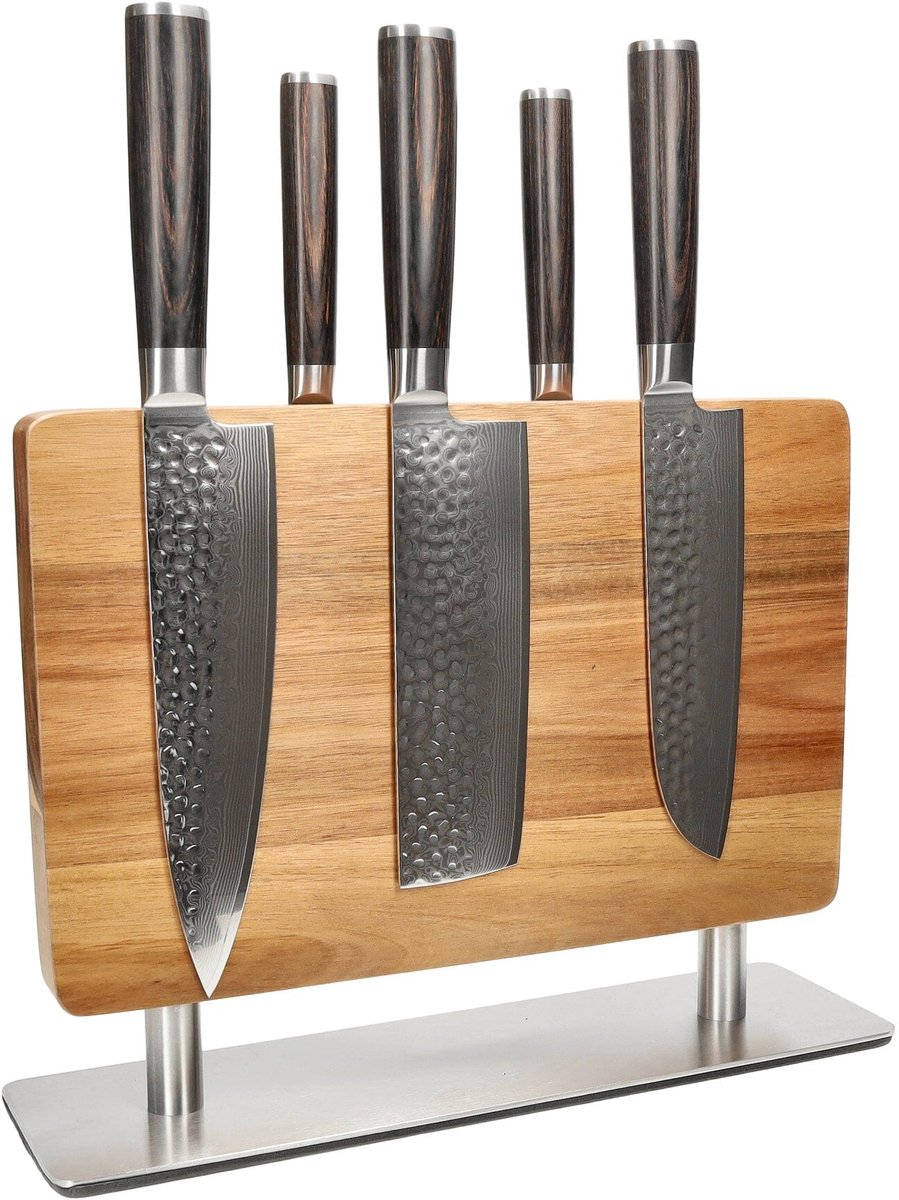 Shinrai Knives - Hammered Damast BR 5-delige Messenset + Messenblok Stans