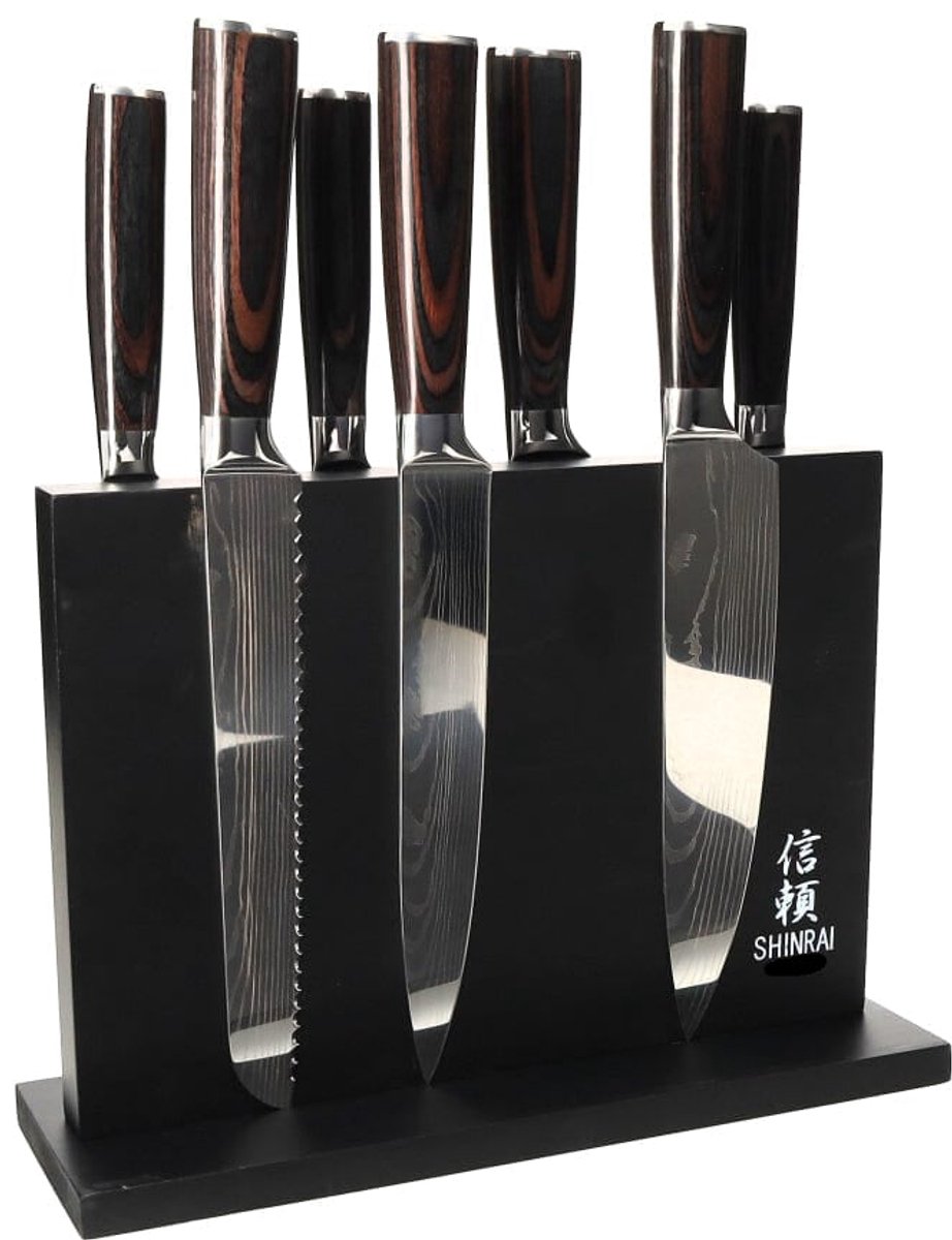 Shinrai Knives - Damascus Print 7-delige Messenset + Magnetisch Messenblok Dubbelzijdig - Zwart - Koksmes - Vleesmes - Hakmes - Broodmes