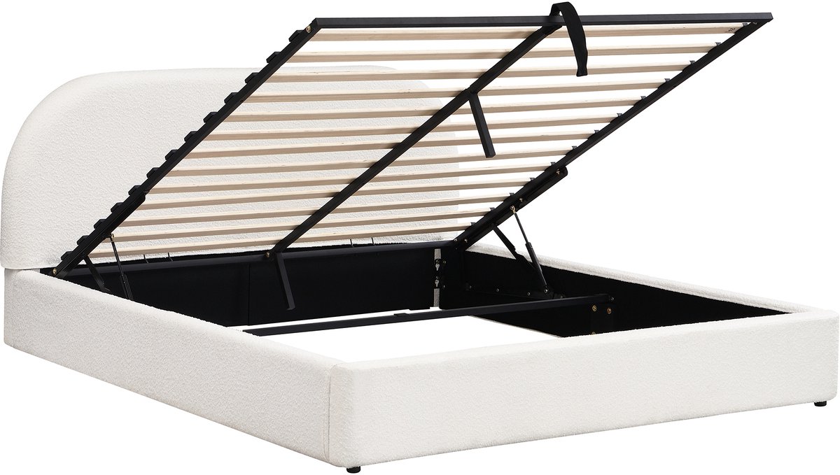 Gestoffeerd bed, tweepersoonsbed, 180 x 200 cm, hydraulisch verstelbaar bed, bed met lattenbodem, hoofdbord en grote opbergruimte, gestoffeerd hoofdbord, beige bouclé
