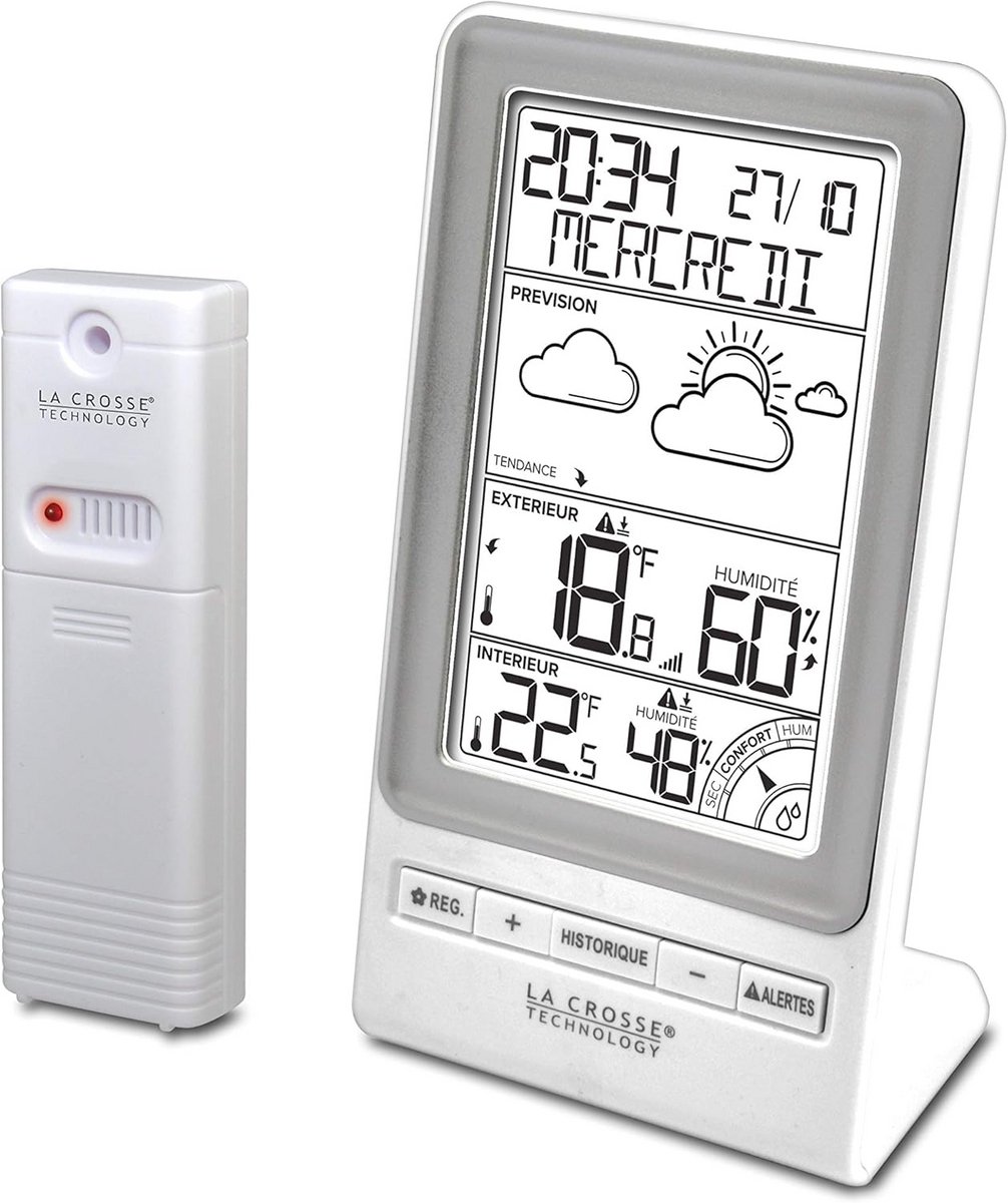 Weerstation met weersvoorspelling en buiten- en binnentemperatuur