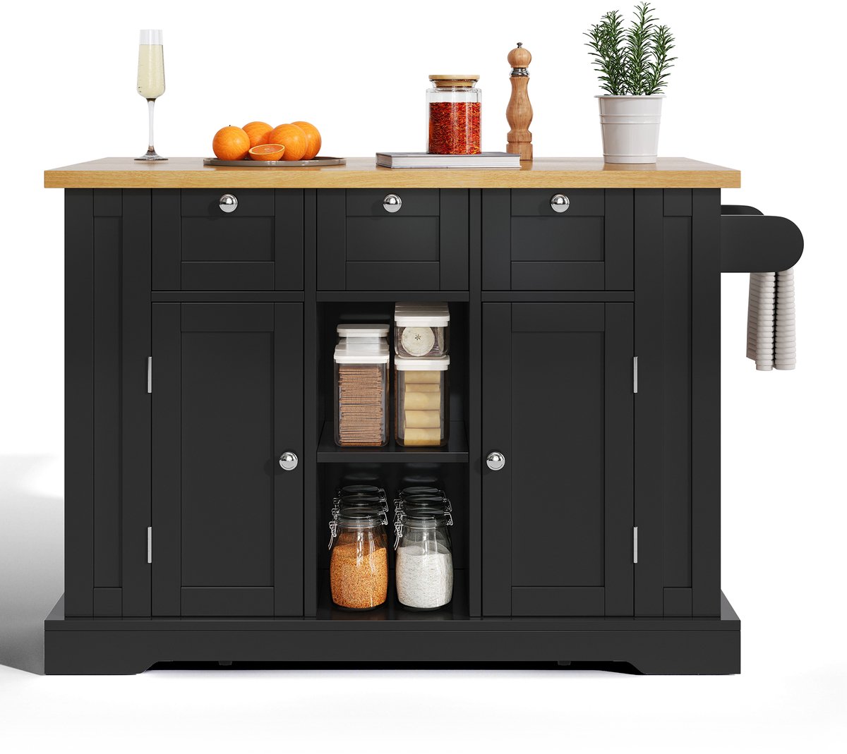 Mobiele keukentafel van 132 cm, landelijke stijl, inklapbaar werkblad, multifunctionele kast, lade, kruidenrek, handdoekrek, 5 wielen, geïntegreerd stopcontact, keuken/eetkamer/huis