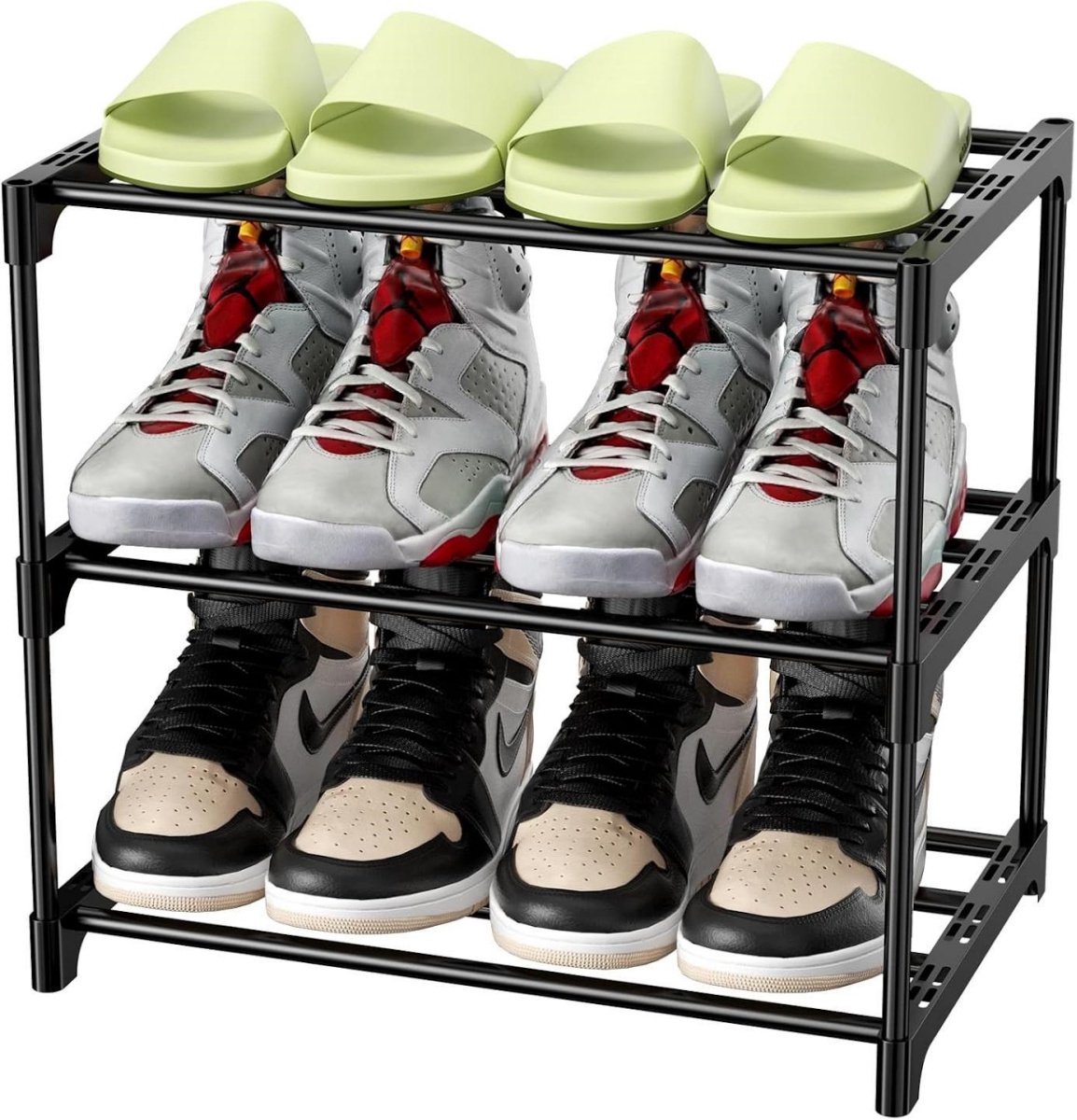 GELLDG Metalen schoenenrek - Schoenenrek met drie niveaus - Smal schoenenrek - Lichtgewicht - Stapelbaar - Biedt plaats aan 6 paar schoenen - Geschikt voor gangen, woonkamers, slaapkamers en entrees - Zwart