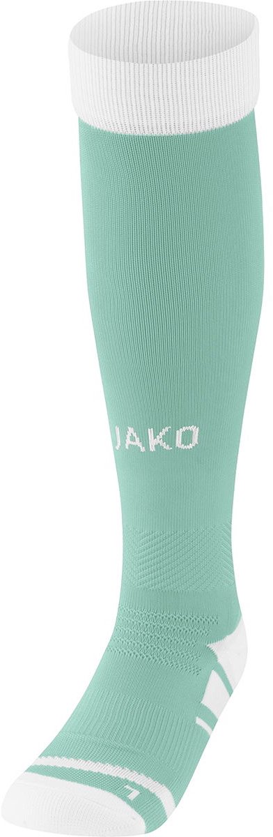 Jako Dynamic voetbalkousen in muntgroen, maat 47-50, met witte details en logo. Stijlvol en functioneel.
