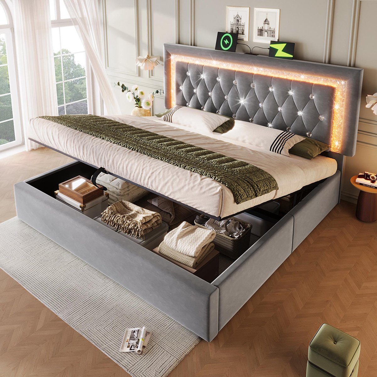 BLACKCOLORS Gestoffeerd bed 180x200 cm van fluweel, tweepersoonsbed met diamantvormige LED-strip, USB- en Type-C-oplaadstation, hydraulische opbergruimte, modern bed voor tieners met lattenbodem, grijs (zonder matras)