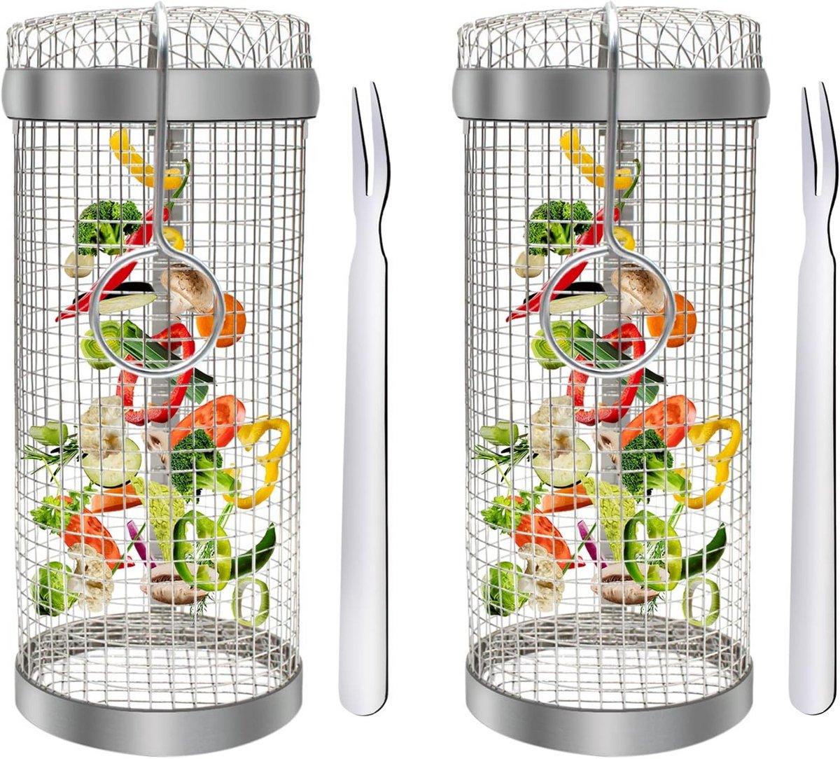 2-delige Roterende Grillmand van RVS voor Eten & Groenten - BBQ Accessoire