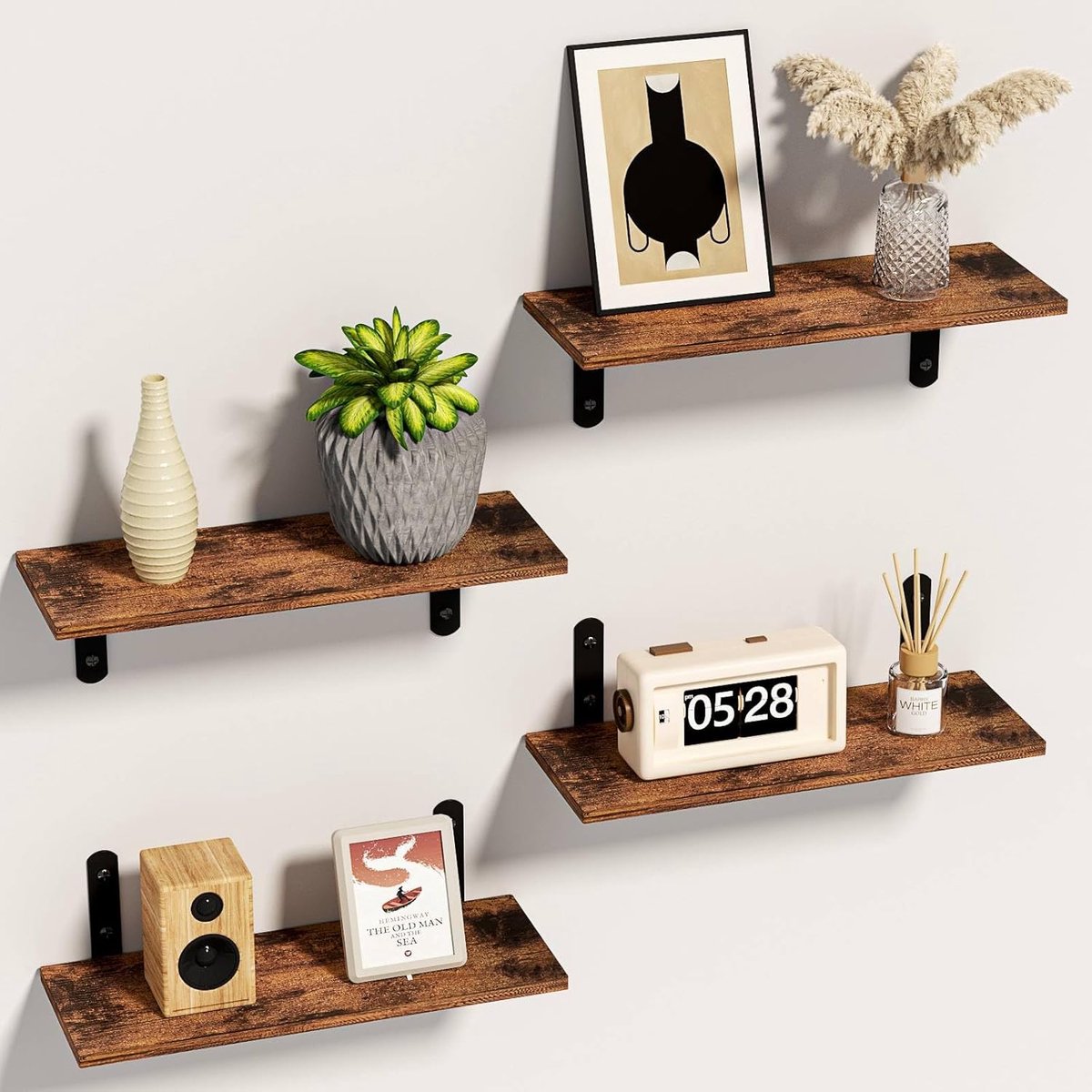 Famanu Set van 4 rustieke houten zwevende wandplanken met metalen beugels, geschikt voor woonkamer, slaapkamer en kantoor Bruin en Zwart