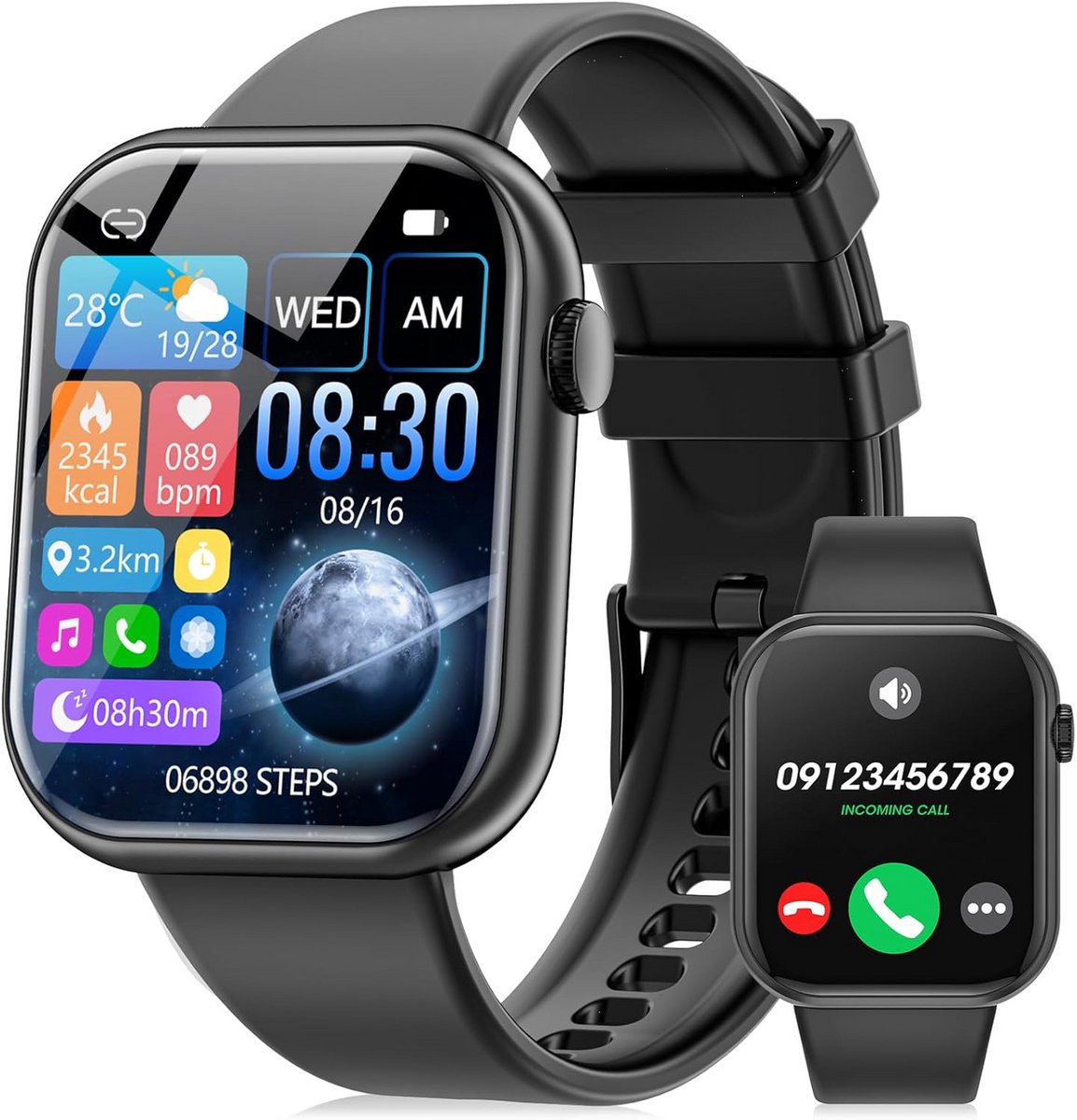 Smartwatch voor heren en dames met 1,83 inch display, hartslagmeter, SpO2, stappenteller en 25 sporten