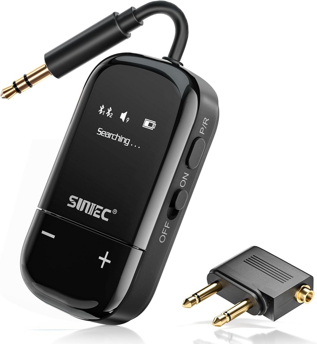Bluetooth 5.3 vliegtuigadapter met scherm - AptX Adaptive voor 2 AirPods of koptelefoons, 3,5 mm AUX, draadloze audio voor reizen, tv, pc, gym