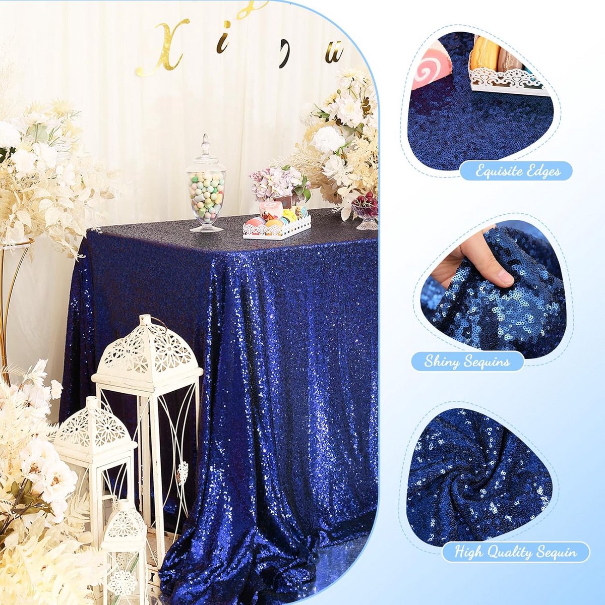 Glitter Tafelkleed Rechthoekig Navy Blauw voor Bruiloft en Feest